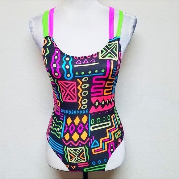 VINTAGE New Horizons Neon Retro Strappy Swimsuit - Picture 2 of 15